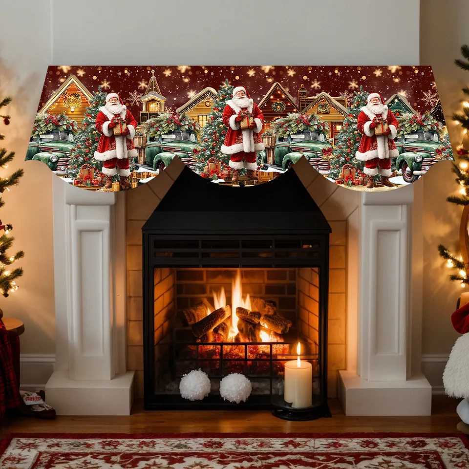 1 Piece Christmas Snow Scene Themed Fireplace Scarf with Santa Claus and Truck Gift Pattern Perfect for Holiday Home DecorationM251125