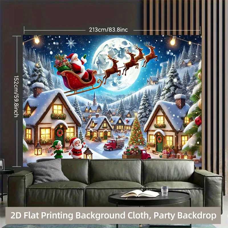 Winter Wonderland Christmas Tapestry Santa Sleigh with Rudolph and Elves Snow Scene Wall Art for Indoor Outdoor Party DecorM251125