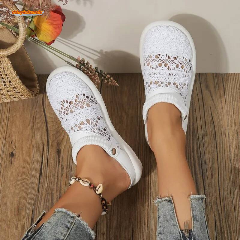 Summer Sweet Closed Toe Breathable Women Shoes Soft Sole Lightweight Flat Sandals Lace Outdoor Casual Slides ddmykukumalu