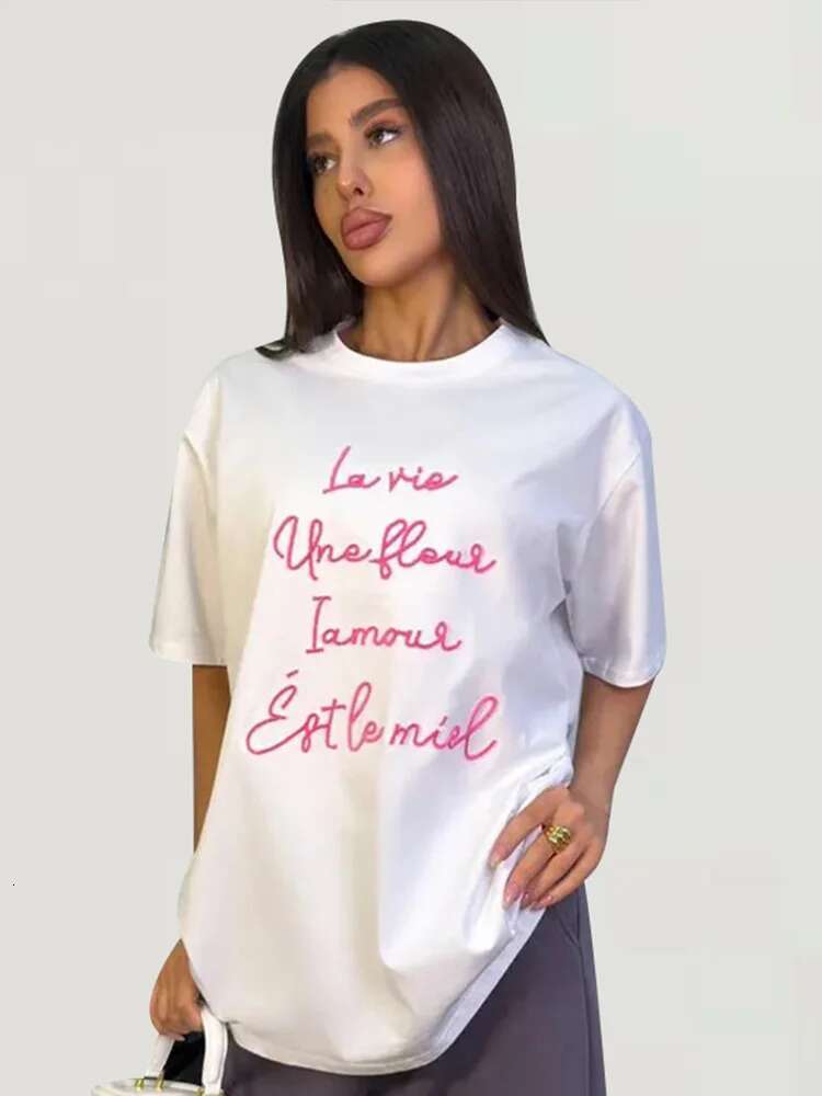 Chic Heart Letter Printed Cotton T-Shirts Women Loose O-Neck Half Sleeve Oversize Female Tee 2025 Summer Fashion Lady Outwears