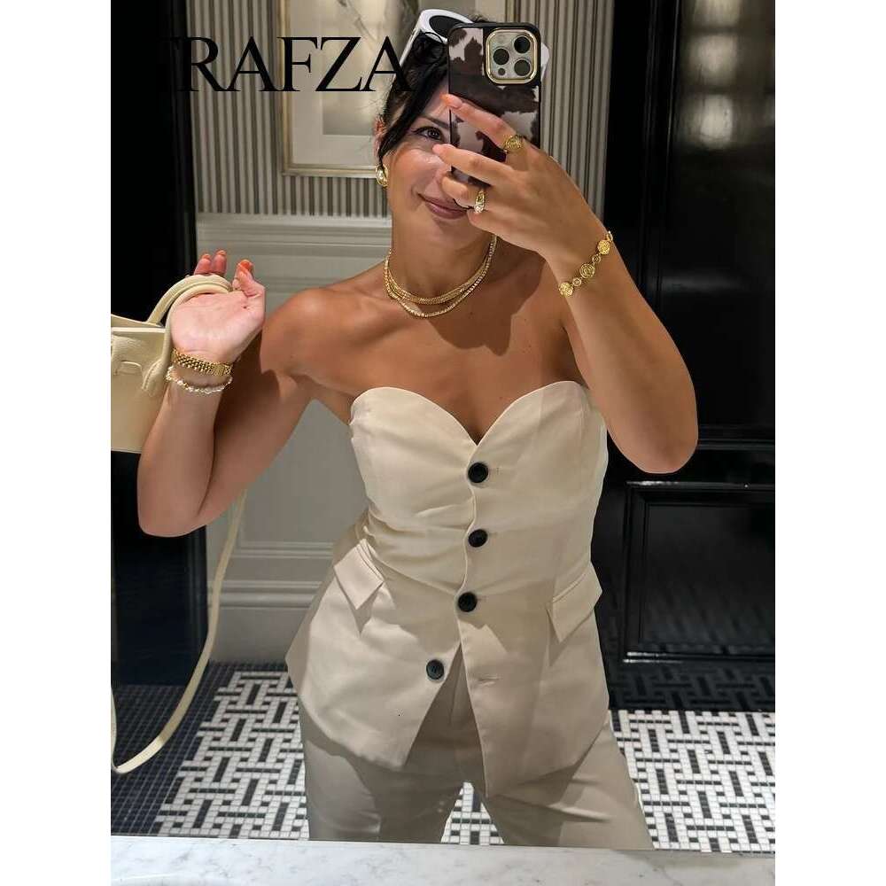 TRAFZA 2024 Women Fashion Solid Pant Suit Sleeveless Off Shoulder Tube Top+Side Slit Trouser Female Streetwear Office Sets