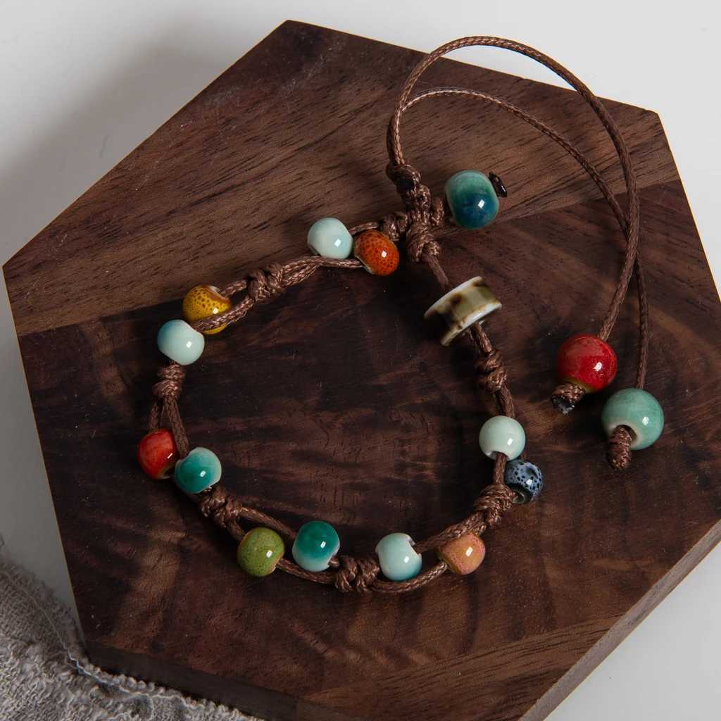 Adjustable Multicolor Handmade Ceramic Bead Bracelet Wax Cord Woven Jewelry Boho Style Unisex Gift for Couples and Friends J251125