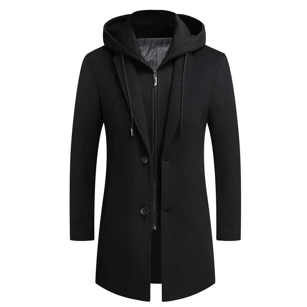 2024 New Men Wool Coat Casual Warm Winter Wool Coat Casual Woolen Coat Mid-length Detachable HatT251125