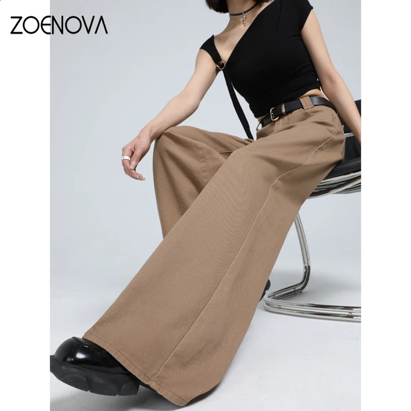 Zoenova Retro American Brown Pocket Jeans Spring Loose Straight Wide Leg Pants Casual Edition Y2K Freight Cowboy Trousers 250417