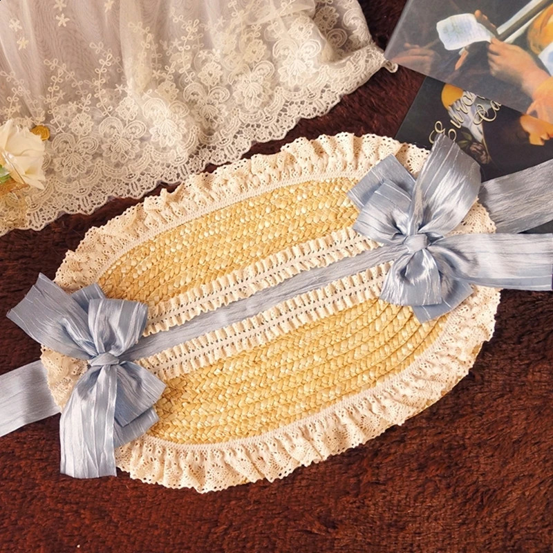 Pastoral Style Flat Top Hat Lace Flower Ribbon Straw Hat Lolita Hat Bonnet Hat French Hat All-match for Beach Vacation 250420