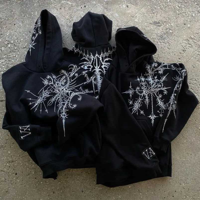 Gothic punk graphic printing oversized sportswear hip-hop rock black casual loose hoodie mens fashion Harajuku retro Y2K streetwear w250425