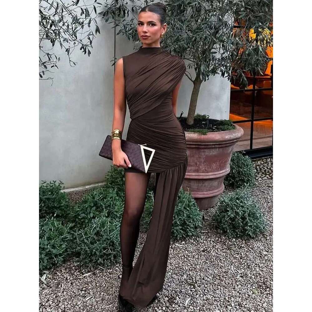 Designer Clothes Irregular Draped Ruched Sexy Mini For Women Turtleneck Sleeveless Pleated Slim Party Dress Female Holiday Beach Dresses