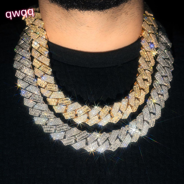 Custom Luxury 22mm Baguette Chain 925 Sterling Silver D White Baguette and Round Moissanite Cuban Link Chain Mans Necklace