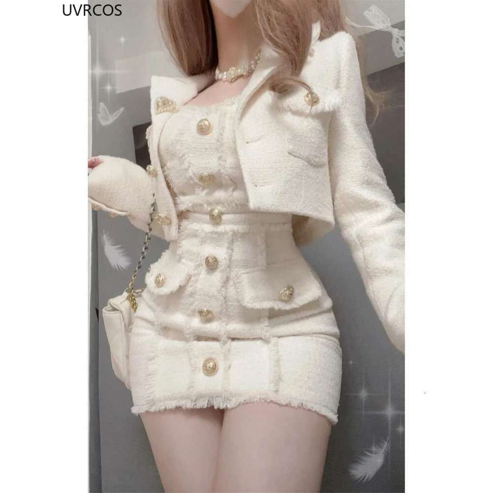 Korean Style Elegant Vintage Two Piece Set Women Sweet Woolen Short Jackets Tassel Design Mini Dress Suit Female Fashion Outfi
