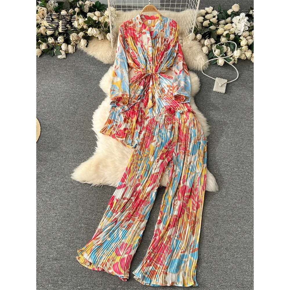 SINGREINY Pleated Two Piece Set Women Winter Sleeve Slim Long Top Elastic Waist Wide Leg Pants Fashion Streetwear Suit