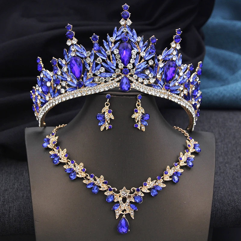 Royal Queen 3 Pcs Tiaras and necklace earrings for Bridal Jewelry Sets Women Brides Wedding Crown Prom Birthday Accessories 250417