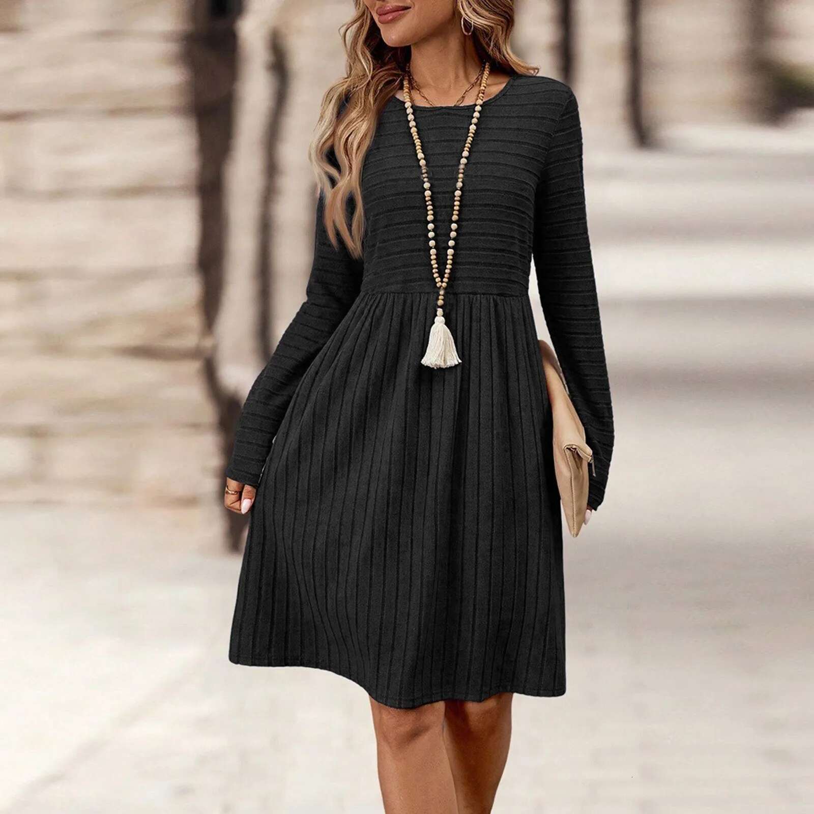 Dongdumaoyi Women S Round Neck Mini Dress Solid Color Knitted Jacquard A Line Dresses Long Sleeve Casual Pleated Woman
