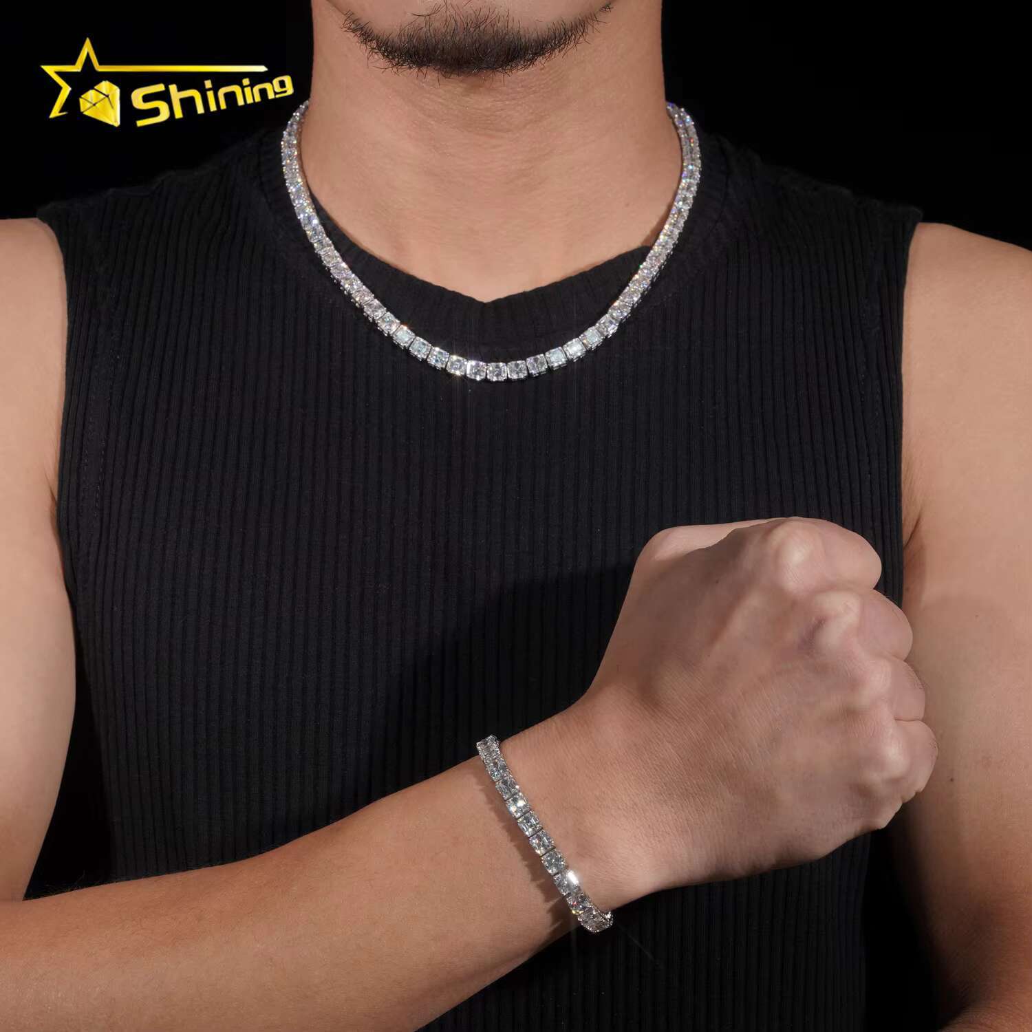 Gra Certified Hip Hop Jewelry 925 Sterling Silver Asscher Cut 5.5mm Necklace Iced Out Moissanite Diamond Tennis Chain Bracelet