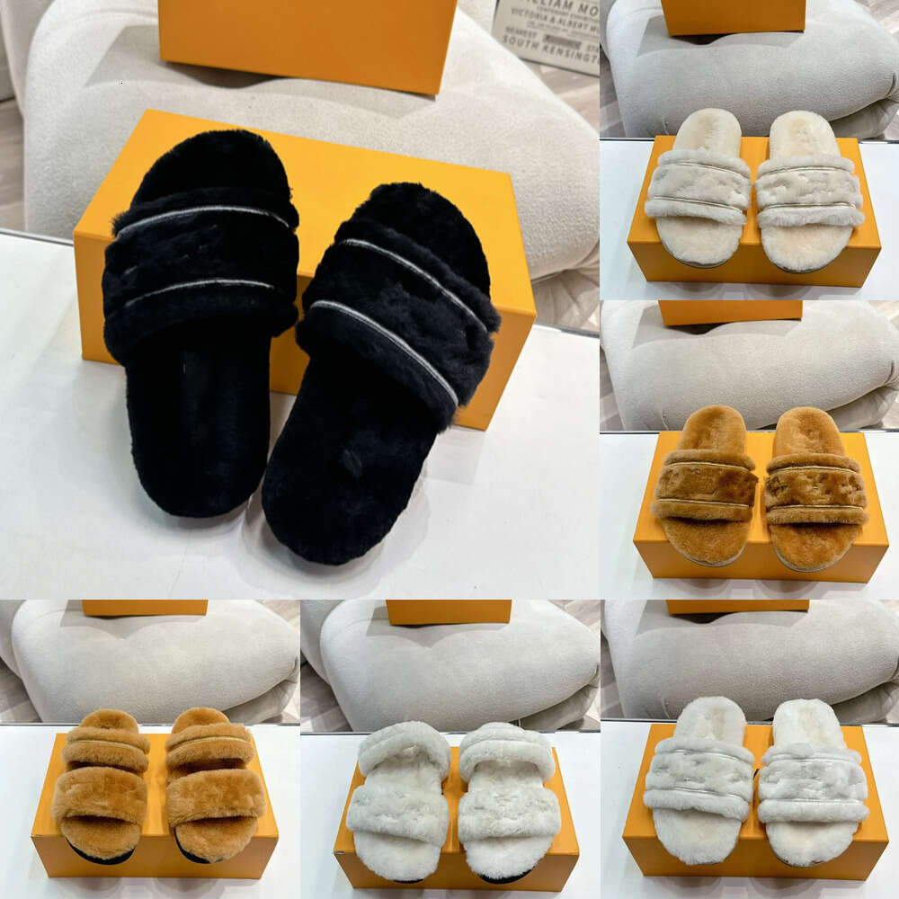 Luxury Designer sandal Pool Pillow Flat Comfort Mules Fashion mule fur slide Sliders Black Beach Shoes Woman shoe Suede Shearling wool fur slipper winter slipper