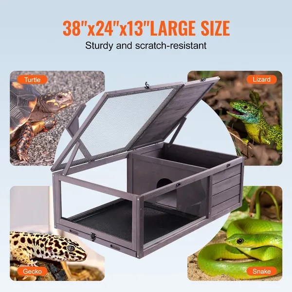 Tortoise Habitat Wooden Tortoise House Indoor & Outdoor 2-Room 38x24x13in