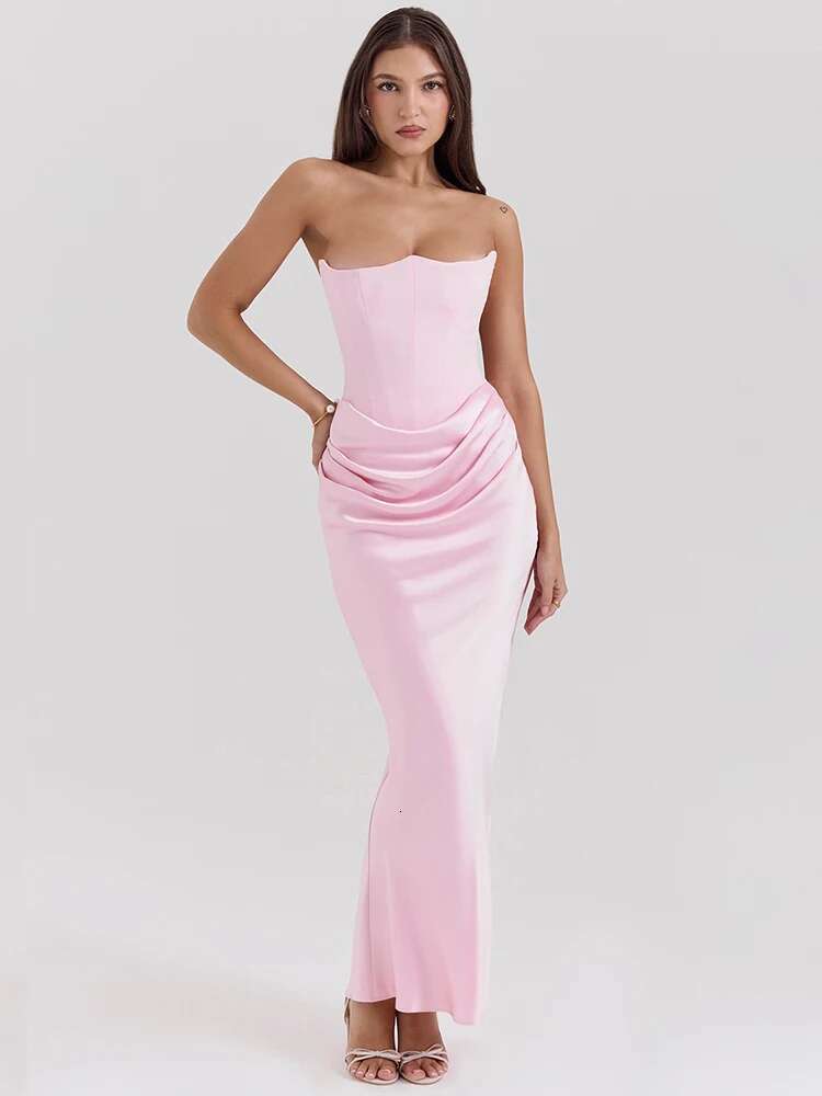 Dongdumaoyi Townlike Patchwork Pleated Slim Bodycon Dress Women Strapless Summer Maxi Long Backless Nightclub Sexy Party Dresses