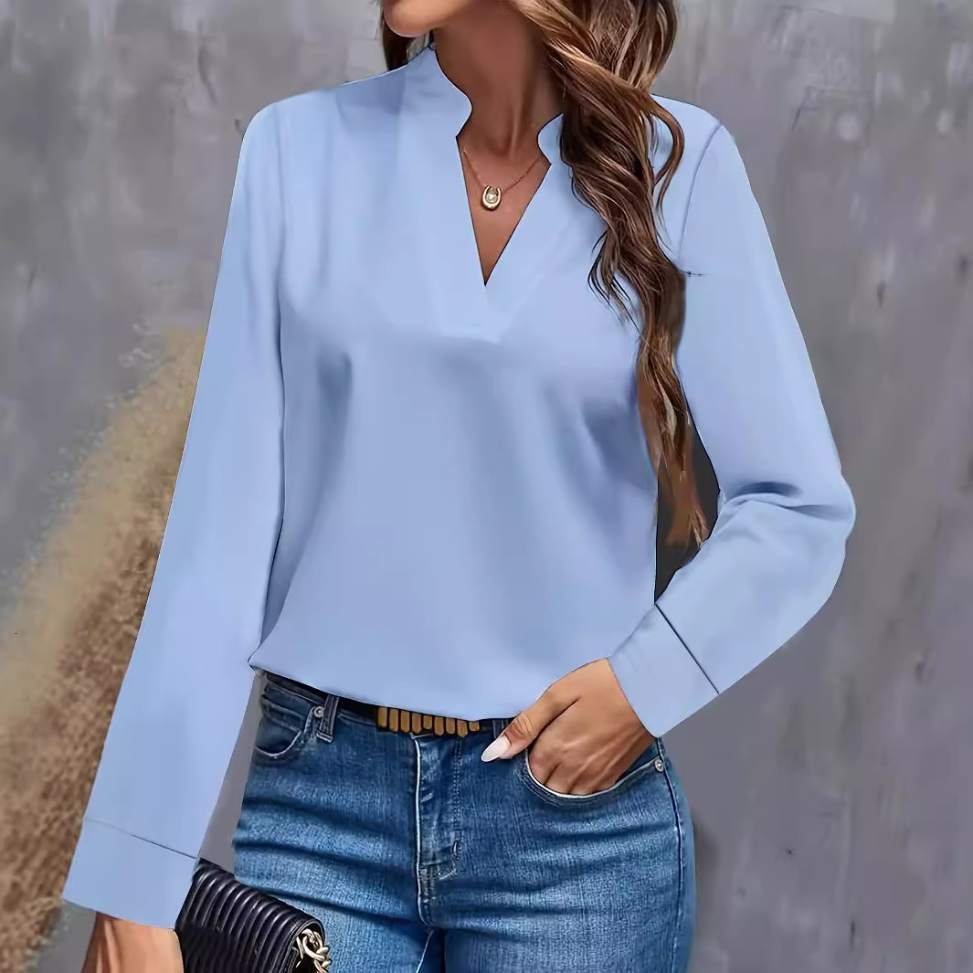 2024 autumn simple casual solid color V-neck loose shirt top for women