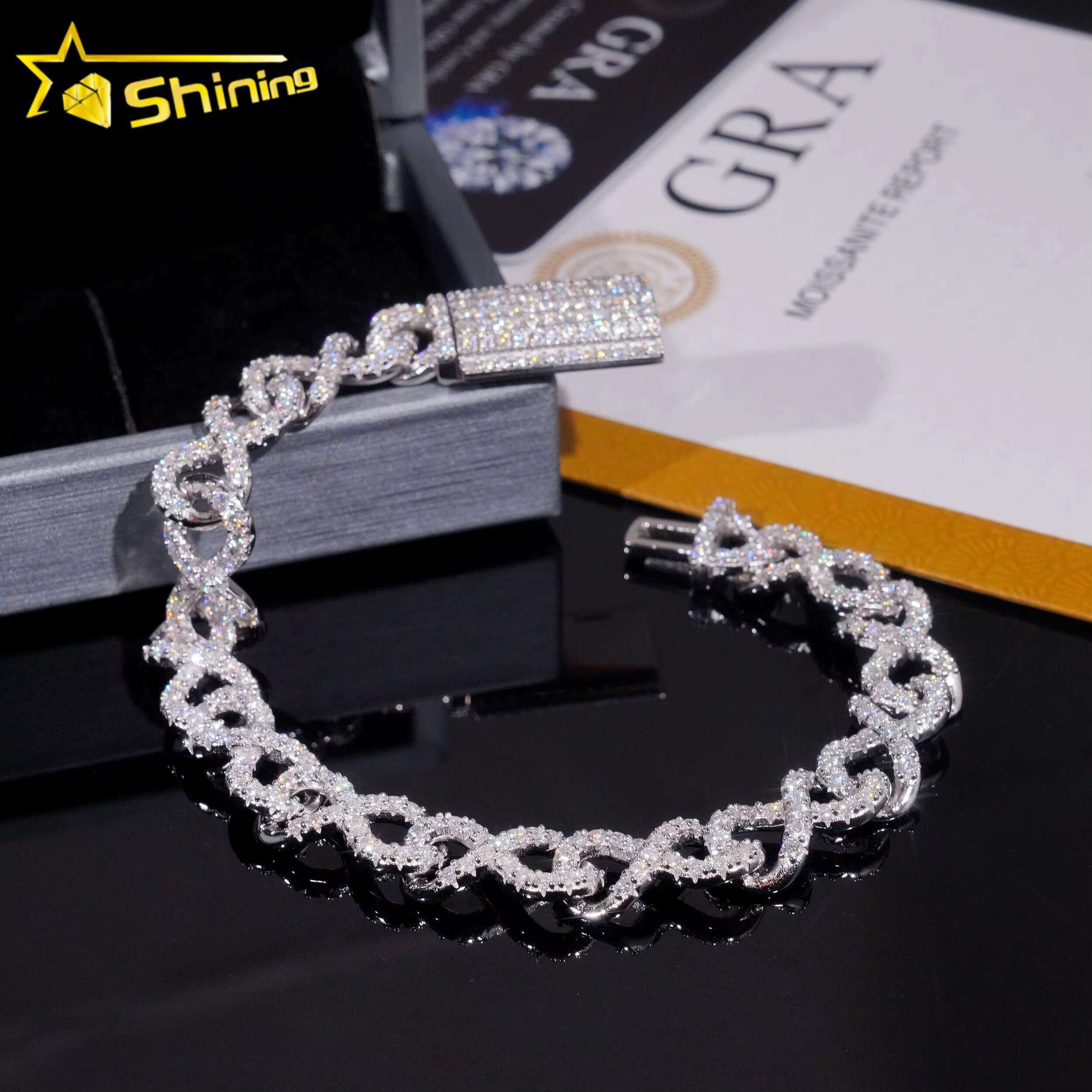 10MM Width Real Silver 925 Gold Plated Hip Hop VVS Lab Diamond Moissanite Infinity Cuban Link Chain Bracelet Men Jewelry