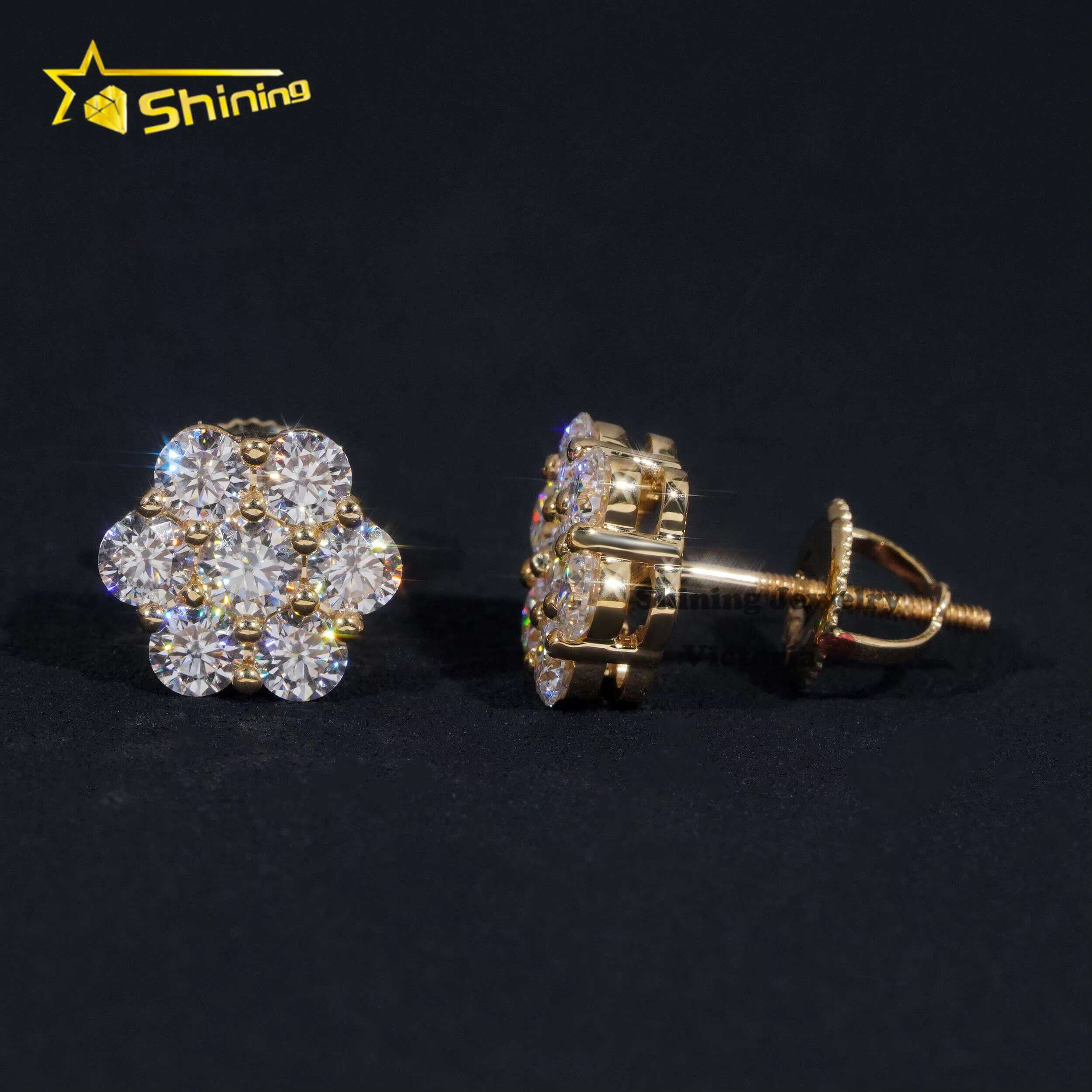 Pass Diamond Tester Hip Hop High Quality 10K 14K 18K Soild Gold Screw Back Cluster Moissanite Stud Earrings