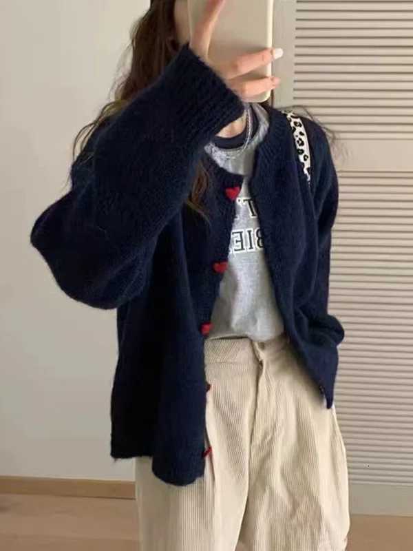 Deep Grey Wool Knitted Cardigan For Women 2025 Autumn Winter Soft And Sticky Warm Love Buckle Shoulder SleevesT251125