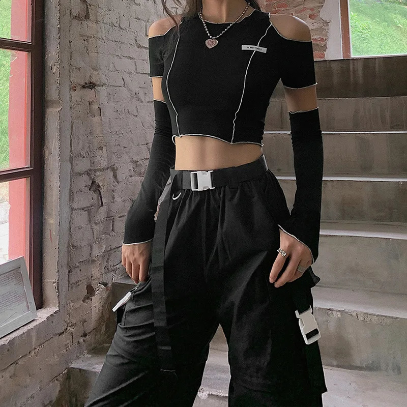 Splicing black Tshirt Gothic Y2k crop top with ruffled hem hiphop Techwear womens 250415