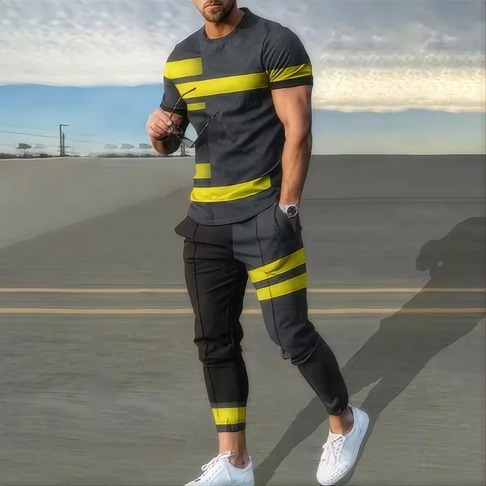 Summer mens sportswear set short sleeved T-shirt long pants two-piece set mens sportswear 3D printing casual trend exceeds the standard 250422