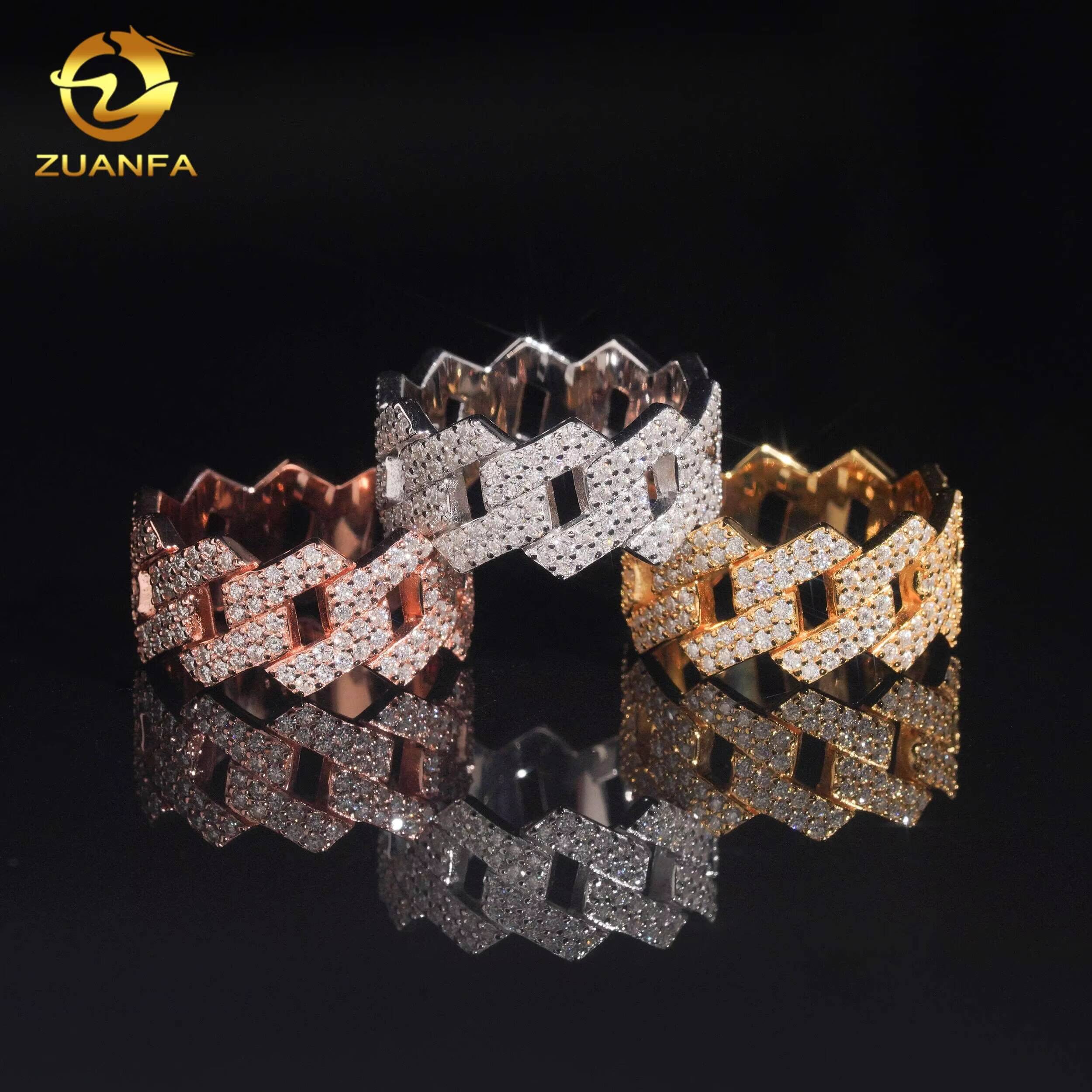 Hot Sale Two Row Hip Hop Rapper VVS Mokssanite Ring 925 Silver Fine Jewelry Full Diamond Iced Out Jewelry Cuban Ring for Men