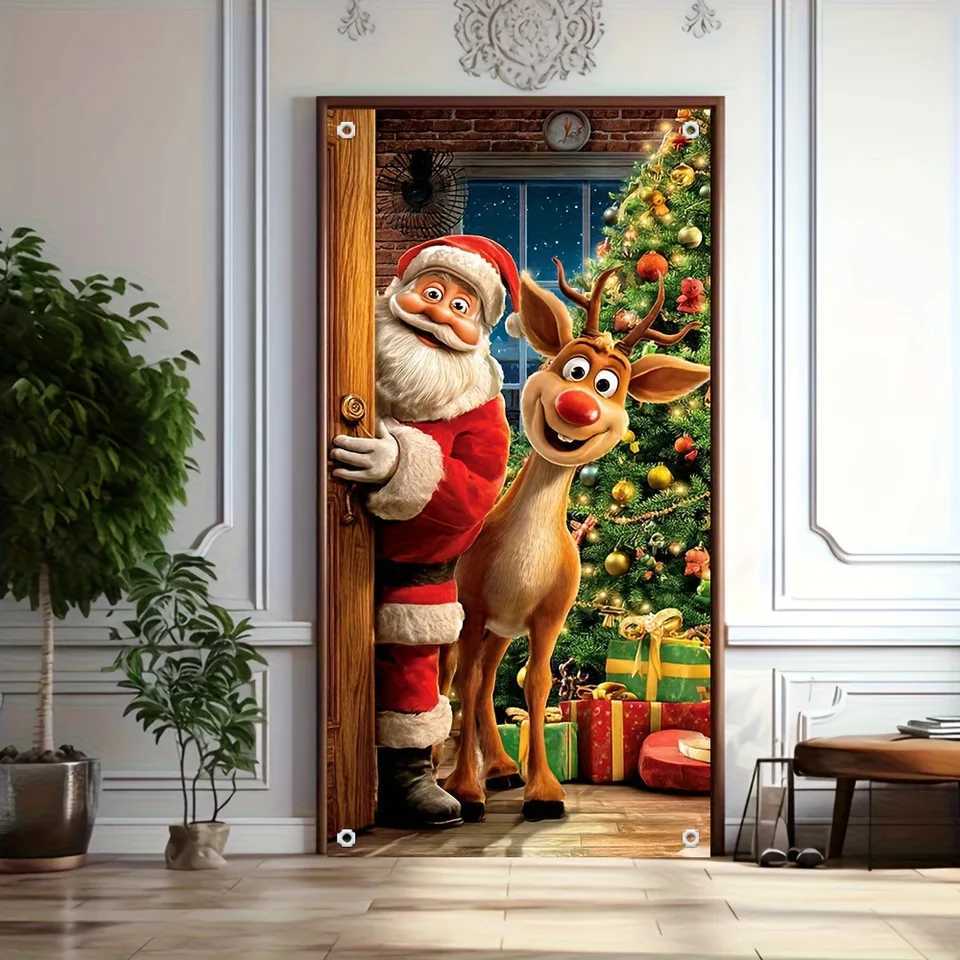 2D Door Banner 1 Piece Santa Claus and Reindeer Christmas Design Door Banner Perfect for Holiday Home DecorationM251125