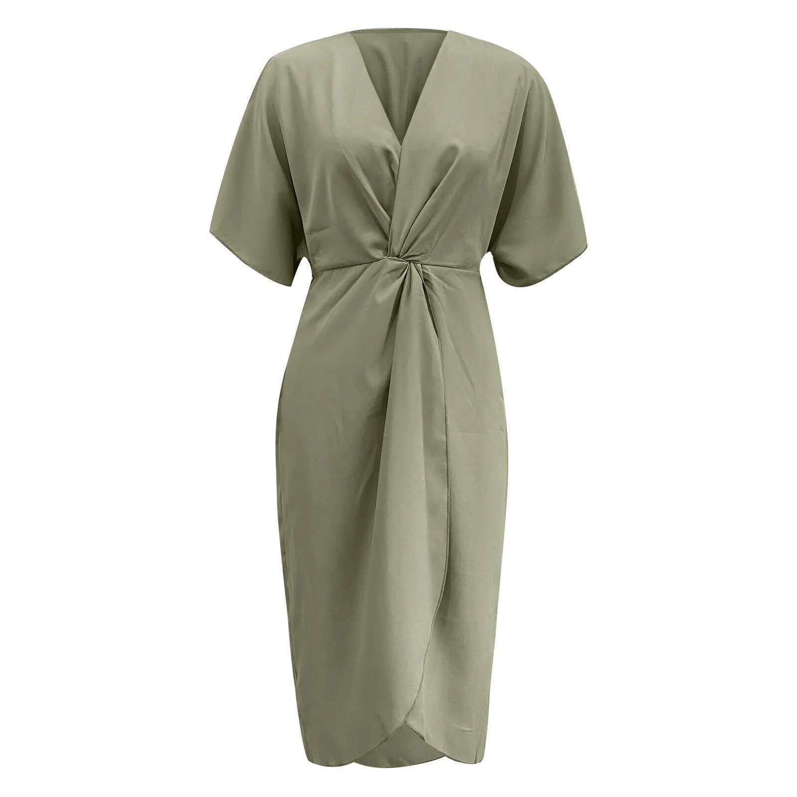 Dongdumaoyi Women Elegant Short Sleeve Midi Dress New Spring Summer Sexy Deep V Neck Draped High Waist Office Party Boho Long Dresses