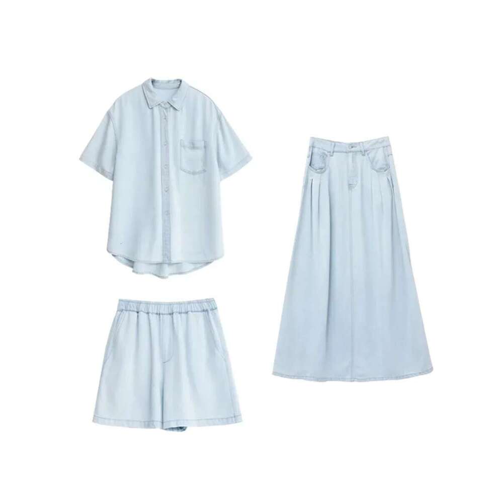 CHIC VEN Women Shirts Loose Blue Casual New Fashion Denim Shirt Elastic Waist Shorts A-Line Skirt Set Summer 2024