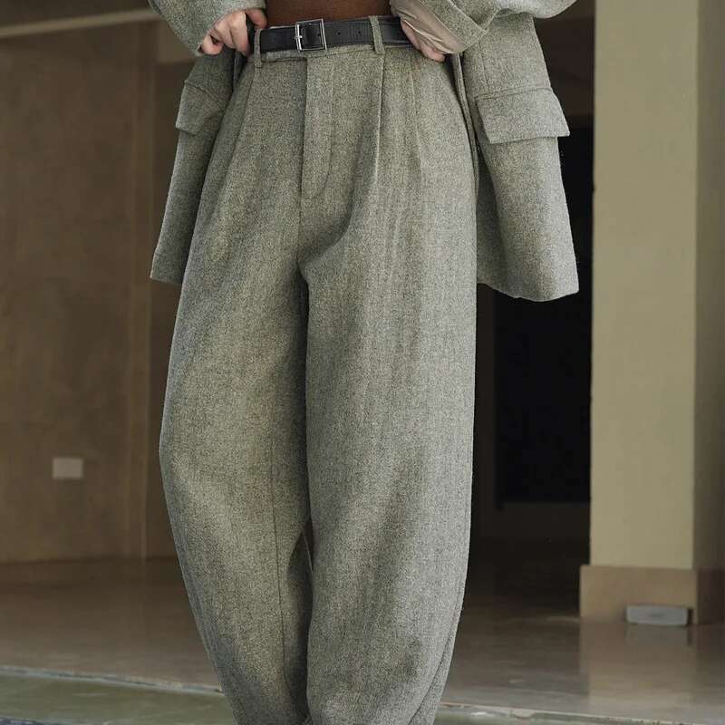 Women's High Waist Wide Leg Pants Autumn Winter Wool Casual Solid Color Loose Fit Trousers