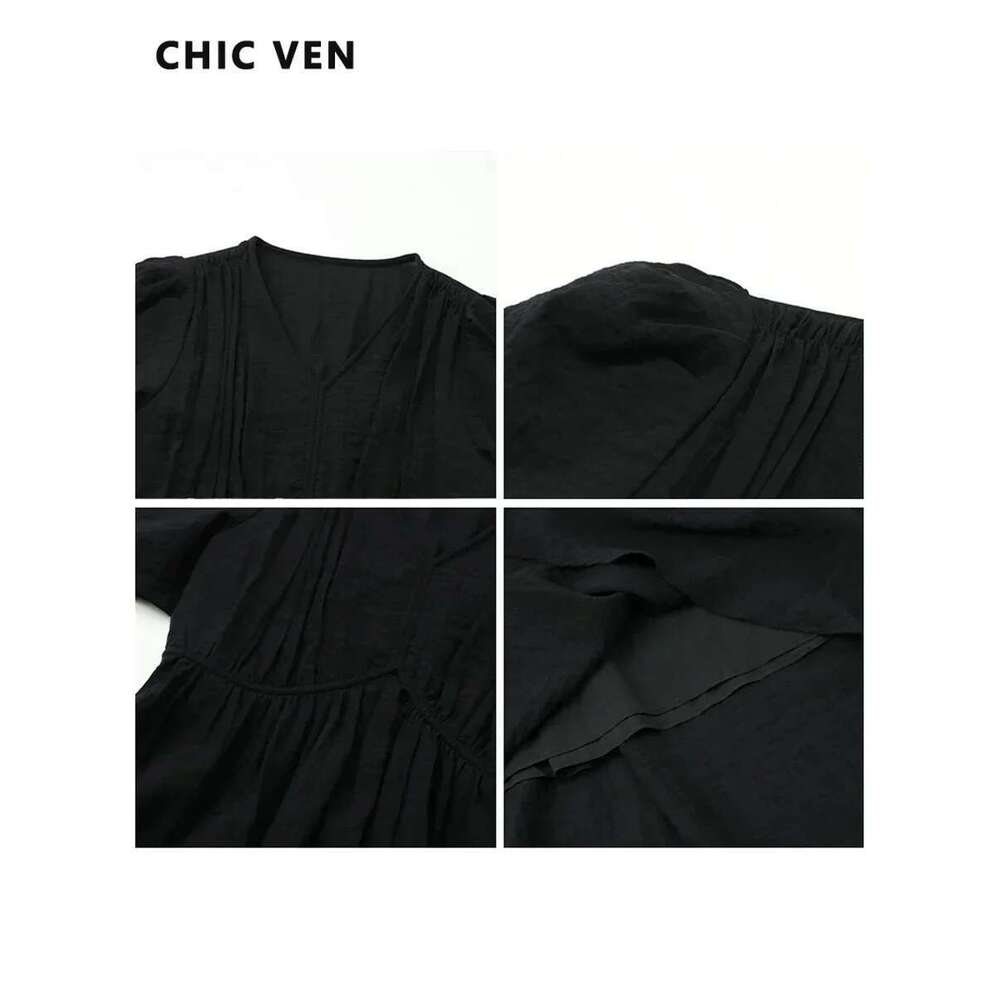 CHIC VEN Women Dresses French Style Vintage V-Neck Puff Sleeve Long Dress Solid Black Loose Female Clothing Summer New 2023