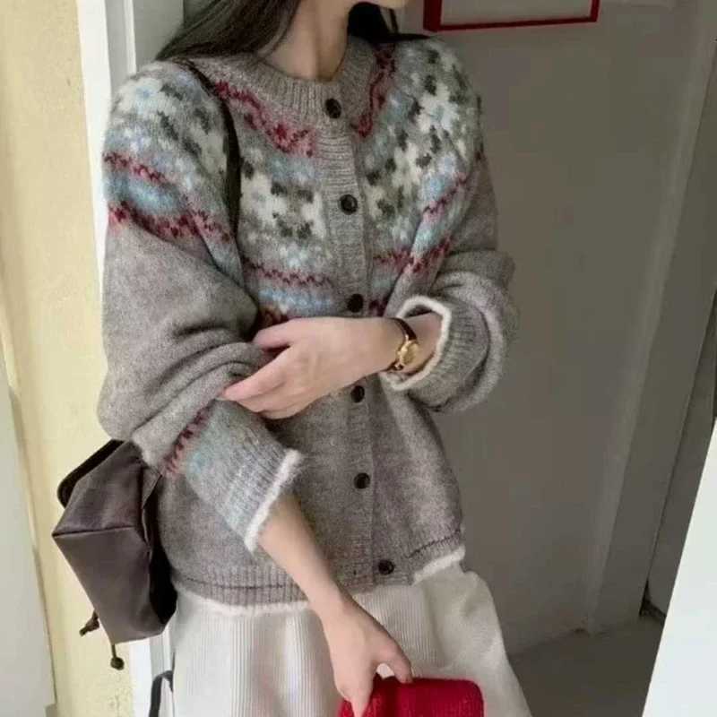 O Neck Jacquard Long Sleeved Cardigan Sweater Coat Retro Casual Womens Knitted Autumn Winter Loose Fashion Casual Sweet ClothesT251125