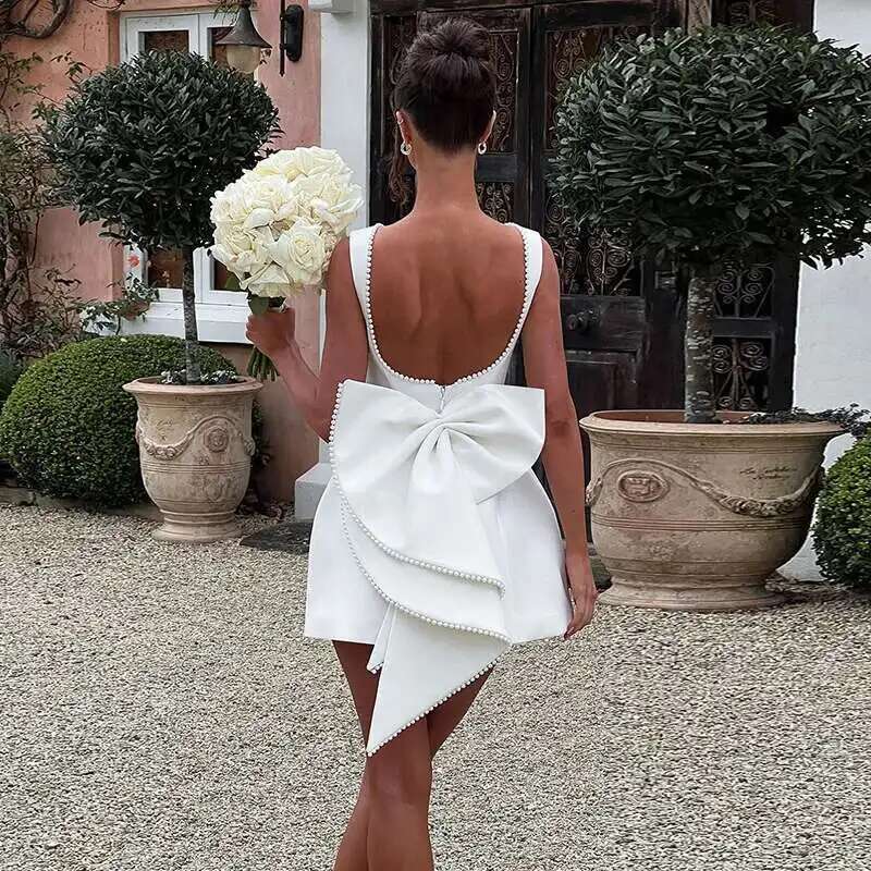 Dongdumaoyi Townlike Bow Pearl Backless Sexy Party Dress Women Mini Summer Elegant Waist Wrap A Line Dresses Vestidos