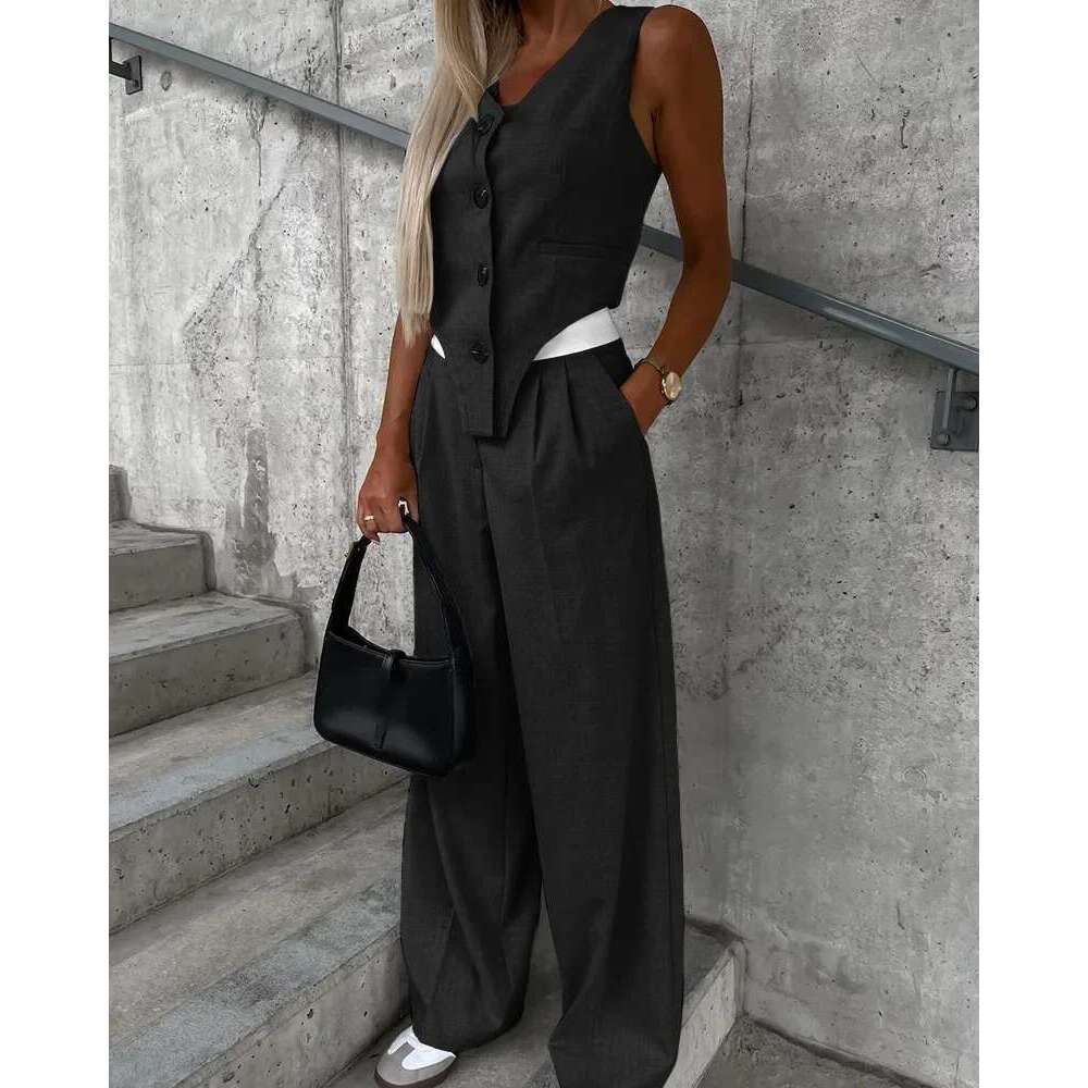 Summer Autumn Two Piece Women 2025 Fashion Sleeveless Striped Vest Blazer Top And Ruched Wide Pants Set For Office Suit