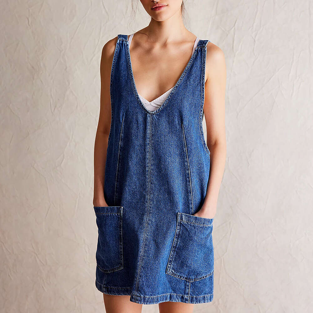 European and American Summer Women's Denim Strap Pocket Adjustable Mini Dress Multi Color 2025 New Casual Fashion Trendy Clothing