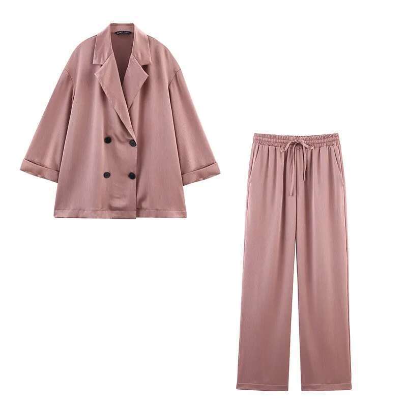Bark Wrinkling Effect 2-Piece Pama Style Double Breasted Satin Sports Shirt High Waisted Long Pants Set