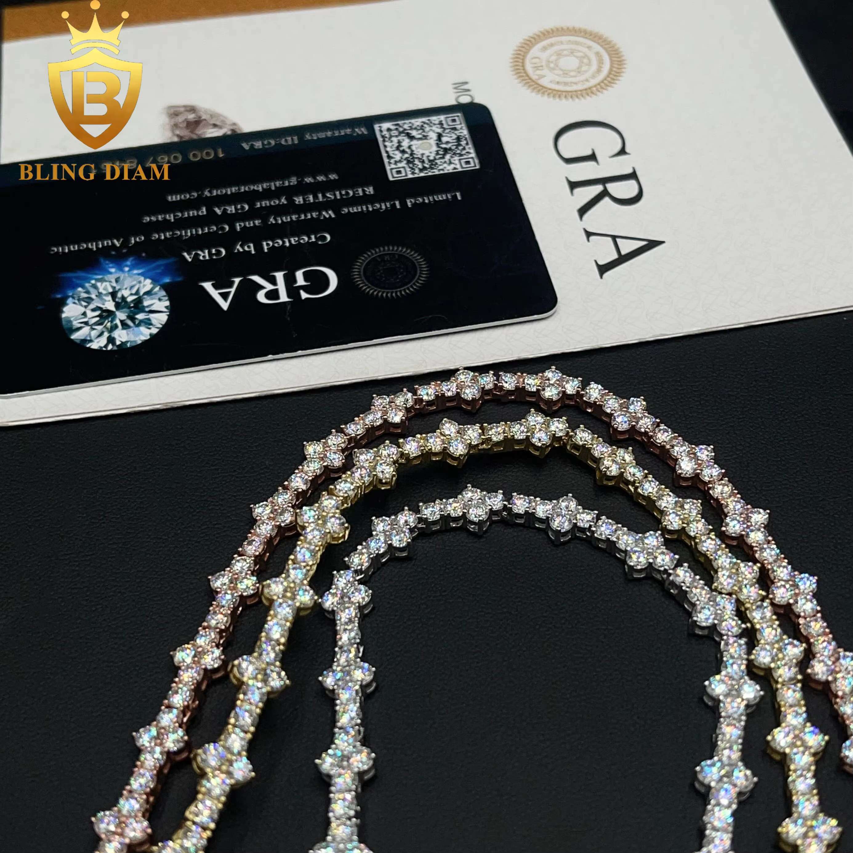3mm New Stock Jewelry 925 Sterling Silver VVS Moissanite Diamond Cross Cluster Tennis Chain Necklace
