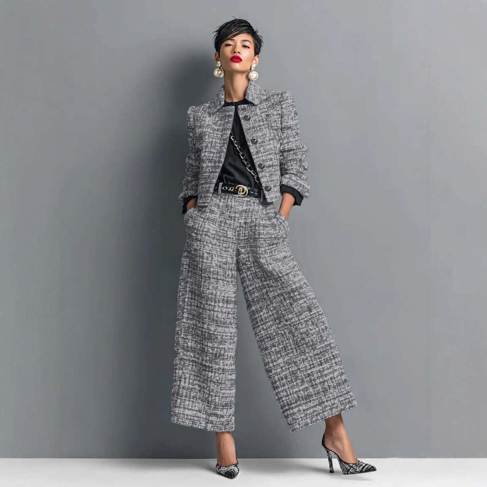 Cross Border New Turn Down Collar Slim Fit Women S Fashion European And American Style Long Sleeve Short Jacket With Wide Leg Pants Set Luxury Designe