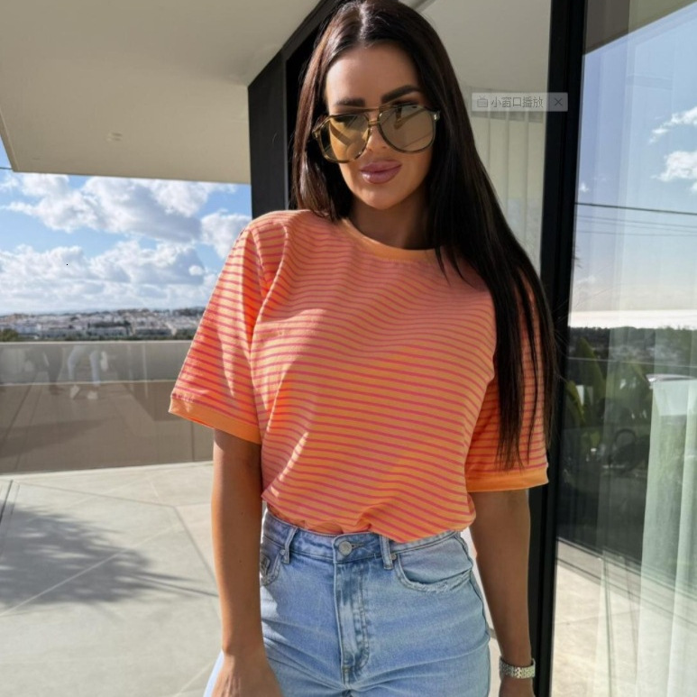 2025 Summer Casual Striped Round Neck Loose Color blocked Short Sleeve Womens T-shirt