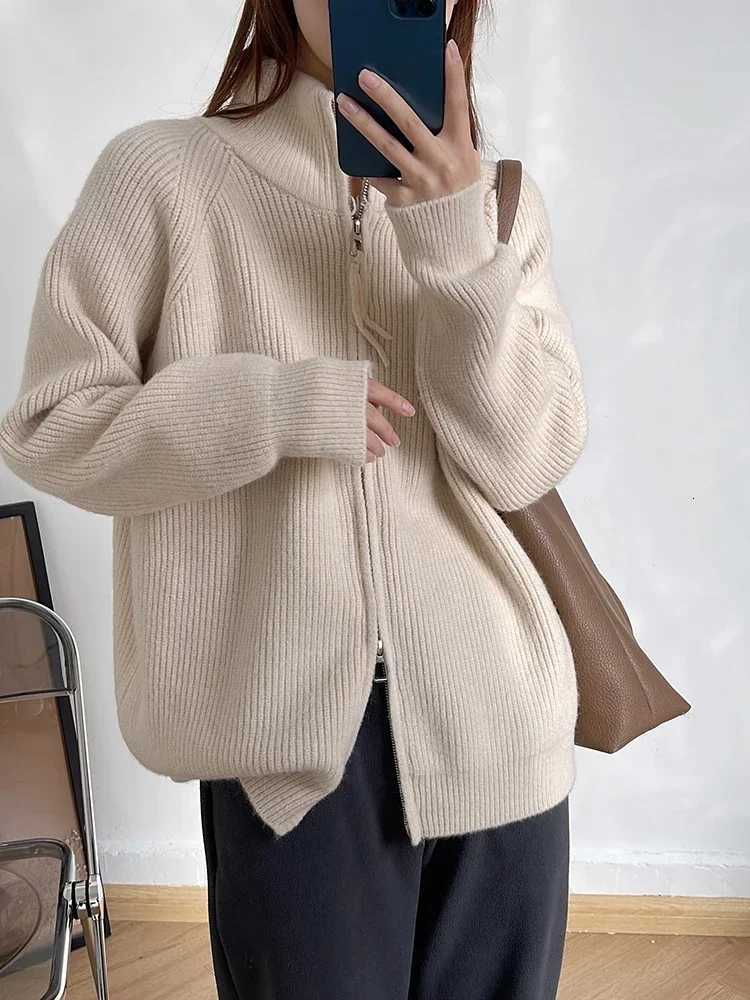 High-neck Sweaters for Women Autumn Winter Double-zipper Loose Oversized Knitted Jacket Female Solid Color Womens CardiganT251125