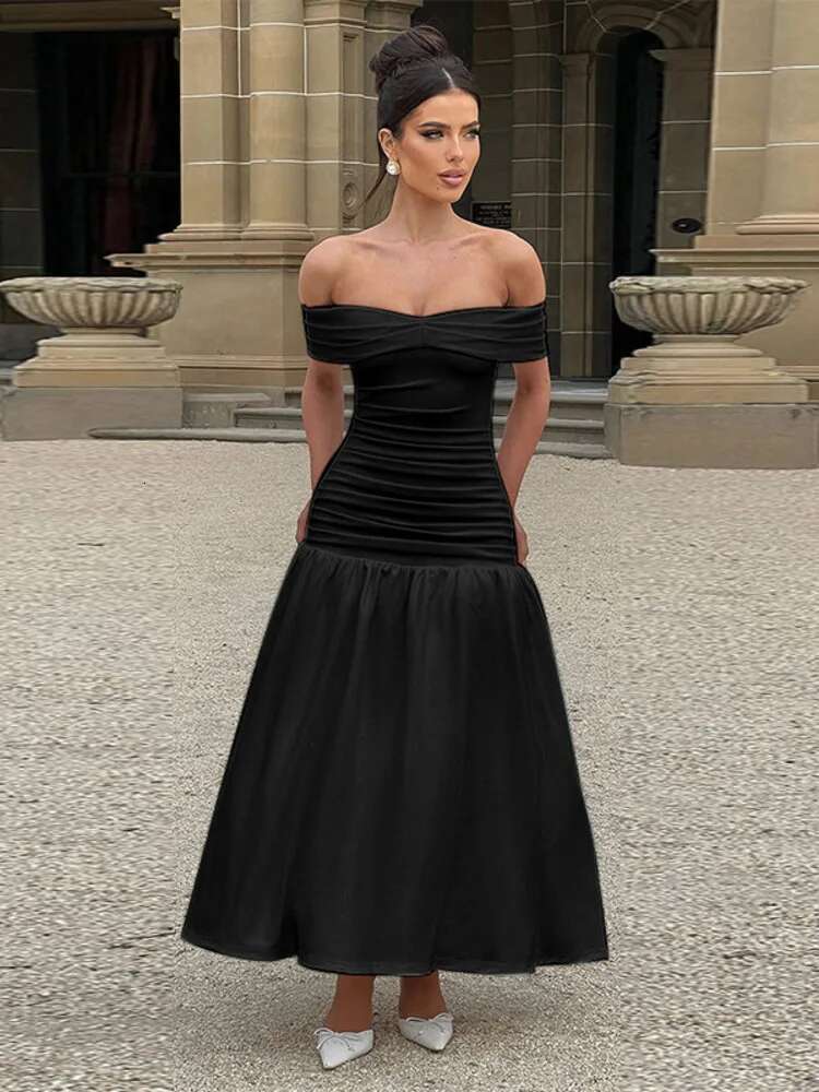 Dongdumaoyi Townlike Elegant Pleated A Line Dress Women Off Shoulder Maxi Long Summer Backless Nightclub Sexy Party Dresses