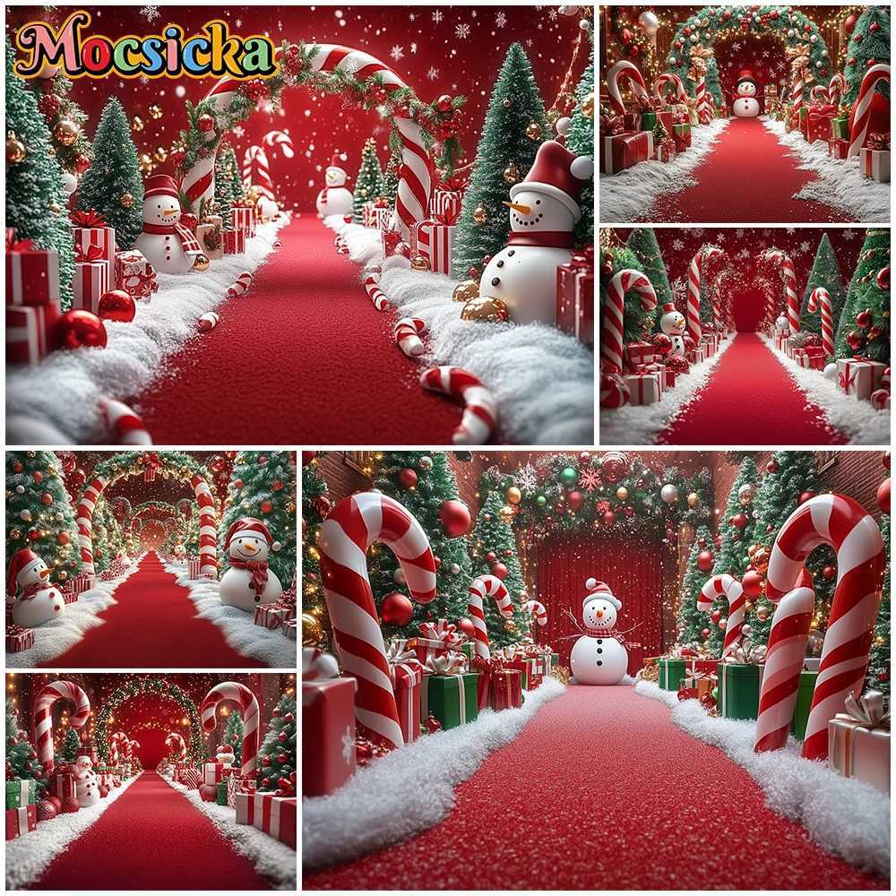 Mocsicka Christmas Background Photography New Year Candy Door Tree Red Carpet Decoration Winter Snowman Photo Backdrop WallpaperM251125