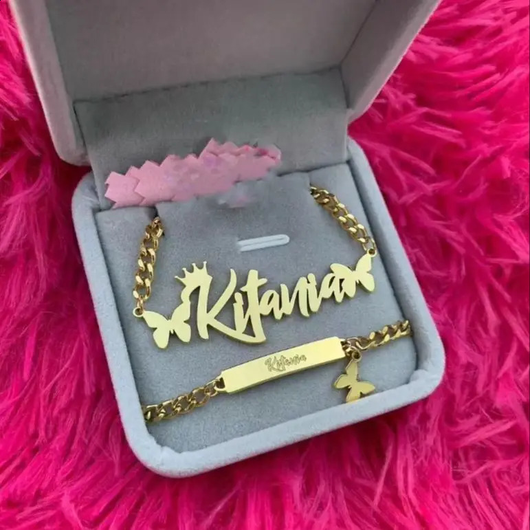 Custom Crown Butterfly Carving Name Necklace Bracelet for Women Stainless Steel Cuba Chain Nameplate Bar Jewelry Set Gifts 250425