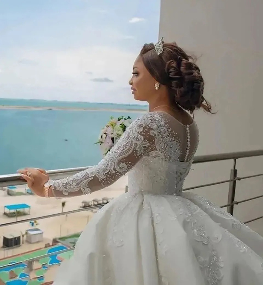 Wedding Dresses Bridal Gowns Formal A Line O-Neck Long Sleeve Beaded Applique Satin Sequins White Ivory Custom Zipper Lace Up Plus Size New Button