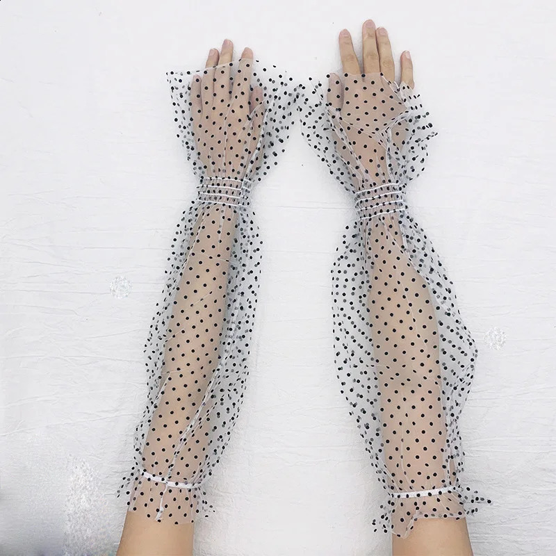 Summer Women White Black Dot Lace Long Tulle Arm Sleeve Gloves Sexy Anti-UV Mesh Cycling Driving Gloves Arm Cover Gloves 250424