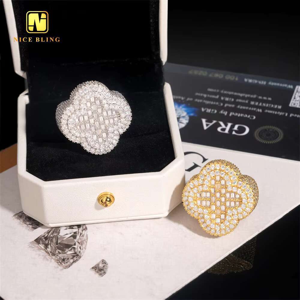 GRA Certificate Baguette Hip Hop Rapper VVS Moissanite Fine Jewelry Diamond Men Rings Iced Out Jewelry 925 Silver Clover Ring