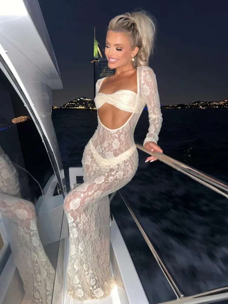 Dongdumaoyi Townlike Perspective Lace Slim Bodycon Dress Women Strapless Autumn Winter Elegant Maxi Long Sexy Party Dresses