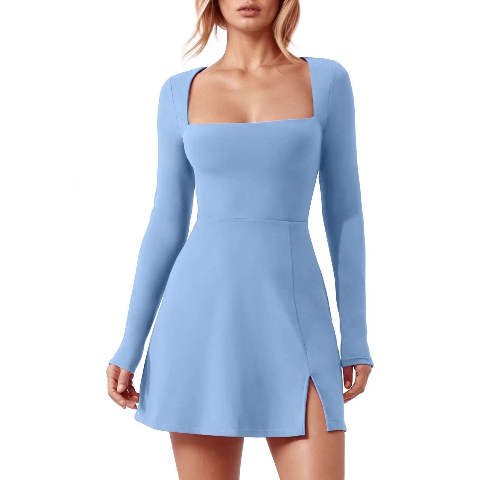 Dongdumaoyi Split Office Mini Dress Elegant Solid Color Square Neck High Waist Holiday Women Long Sleeve Slim Fit Party