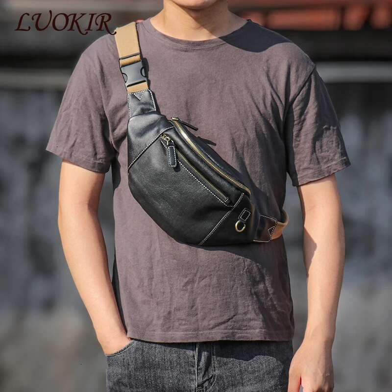 LUOKIR Men's Chest Genuine Leather Casual Fashion Crossbody Outdoor Sports Waist Daily Use Cell Phone Bag